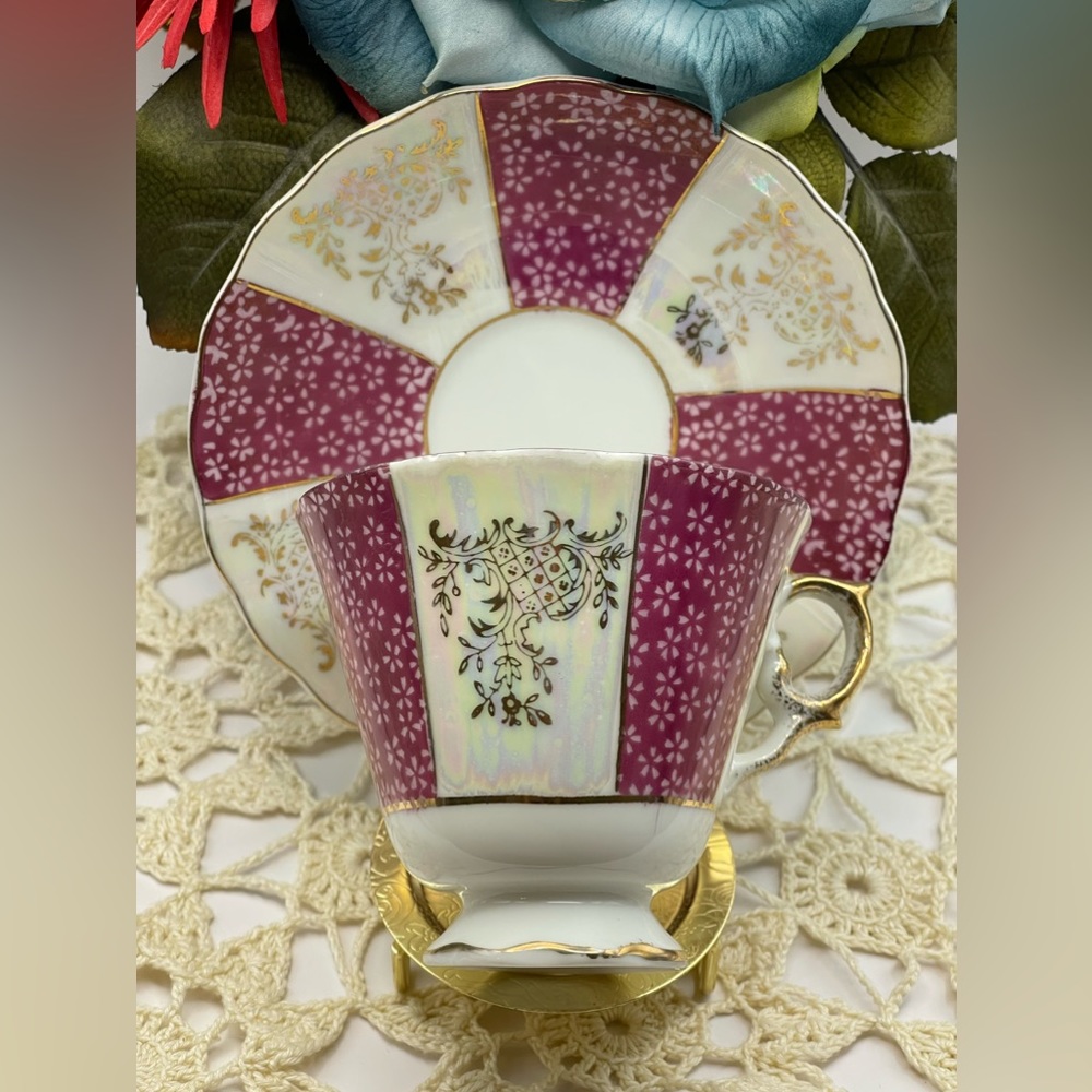 Enesco Vintage Tea Cup & Saucer, Maroon Hand Painted Made In Japan